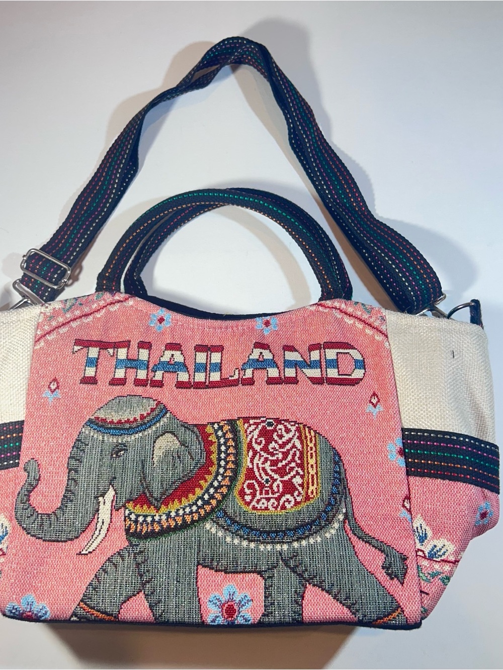 Thailand Elephant Tapestry Handbag Shoulder Bag Pink Boho Woven Travel Purse